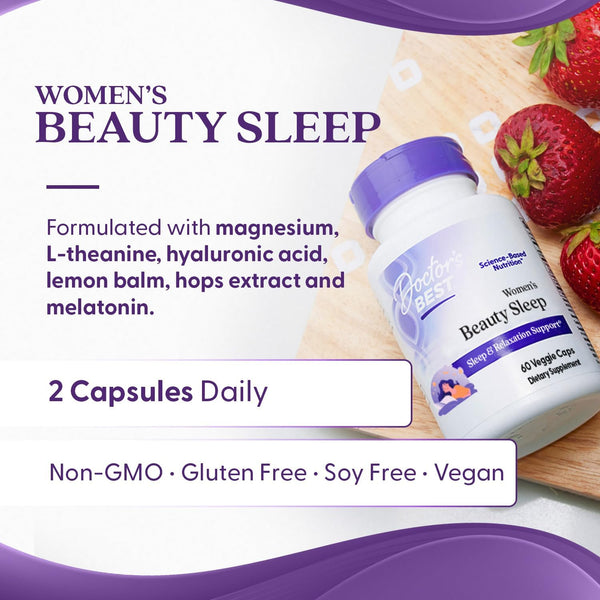 Doctor'S Best Womens Beauty Sleep with Magnesium, Theanine, Melatonin, Sleep & Relaxation Support, Non-Gmo, Gluten Free, Soy Free, Vegan 60 Veggie