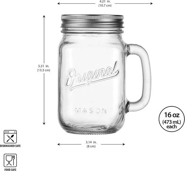 Glaver's Mason Jar 16 Oz. Glass Mugs with Handle and Lid Set Of 4 - Home Essentials & Beyond - Old Fashioned Drinking Glass Bottles Original Mason
