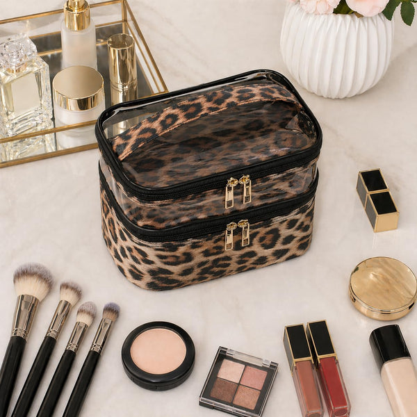 Double-layer Cosmetic Bag Makeup Bag Travel Makeup Bag Makeup Bags for Women Cosmetics Cases Portable Waterproof Foldable (Leopard) 00-Brown