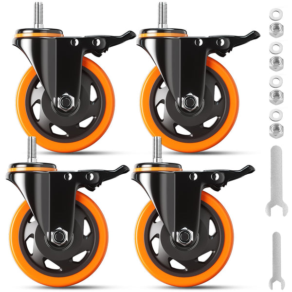 4 Inch Caster Wheels 2000Lbs, Threaded Stem Casters Set of 4 Heavy Duty, 1/2"-13 x 1 (Screw Diameter 1/2", Stem Length 1"), Safety Dual Locking
