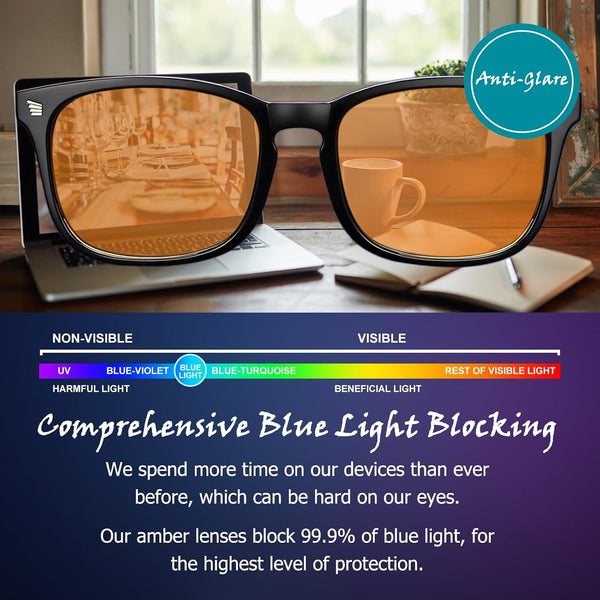 98.6% Blue Light Blocking Glasses for Computer Gaming Anti Eyestrain | Anti Harmful Blue Ray for Better Sleep, Amber High-definition Lens Anti