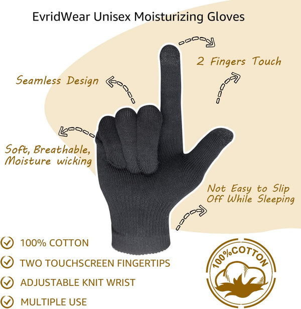 Evridwear Men Moisturizing Cotton Gloves with Touchscreen Fingertips for Eczema Beauty Cosmetic Dry Hands Sensitive Irritated Skin Therapy