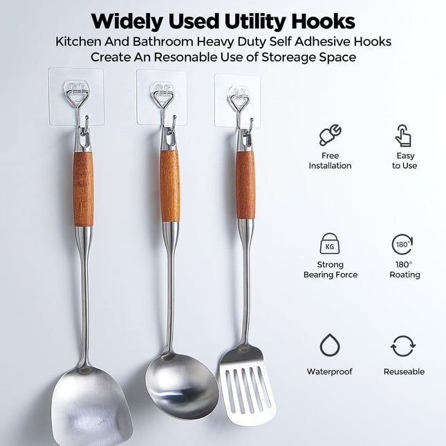 Meknow Large Adhesive Hooks Utility Hooks 8 Pack Waterproof and Rustproof Wall Hooks for Hanging Heavy Duty, Stainless S