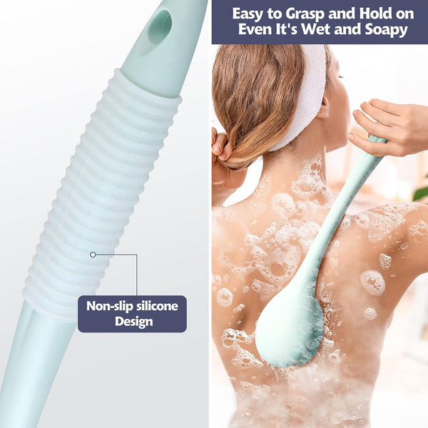 BEDELITE Back Scrubber for Shower, Long Handle 16.4 Inches, Blue, 1 Pack | Soft Back Brush for Shower, Exfoliating Scrubber, Non-Slip Curved Long