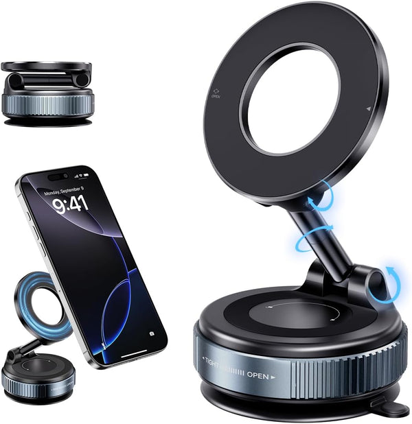 Vacuum Suction Magnetic Phone Holder, Strong Suction Magnetic Car Phone Holder Mount Foldable Phone Stand for Iphone16/15/14/13/12,