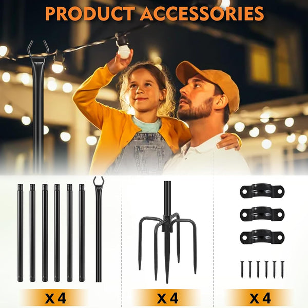 FEED GARDEN String Light Poles for Outside,9.8FT Metal Poles for Outdoor String Lights, Stand Poles for Deck, Garden, Patio, Wedding, Backyard,