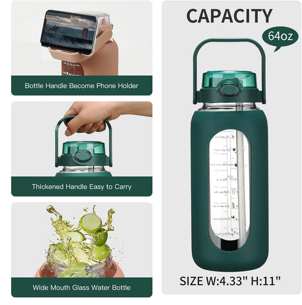 chunmo 64oz Glass Water Bolttles with Straw Half Gallon Large Motivational Water Bottle with Time Marker Sports Water Bottles with Silicone Sleeve