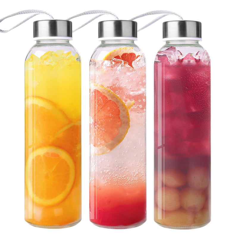 3 Packs Glass Water Bottles with Lid, Clear, 17oz | Reusable Juice Bottle with Stainless Steel Cap, Glass Cup Liquid Storage Containers for