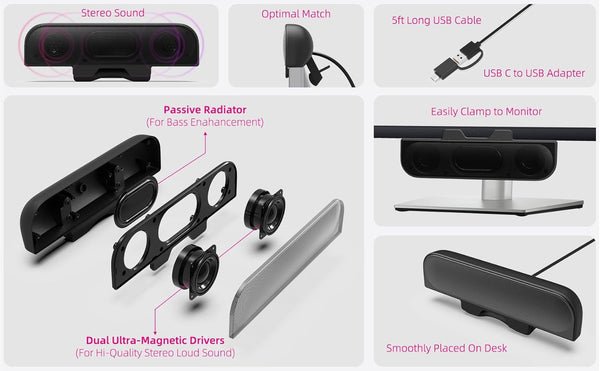 Computer Speakers for Desktop PC, Monitor Speakers, USB Plug-In, Wired, External Speaker for Laptop, Small Computer Soundbar for PC, with Loud