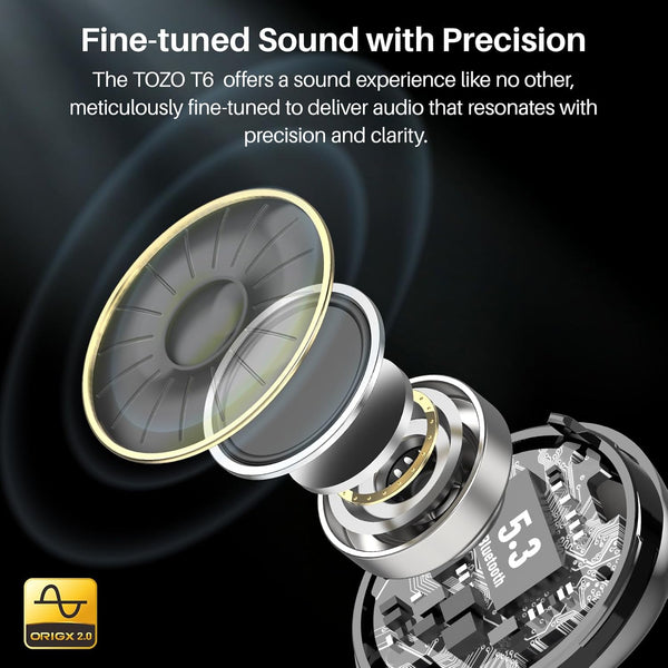 TOZO T6 True Wireless Earbuds Bluetooth 5.3 Headphones 50H Long Playtime, Wireless Charging Case, IPX8 Waterproof Stereo Earphones, Built-In Mic