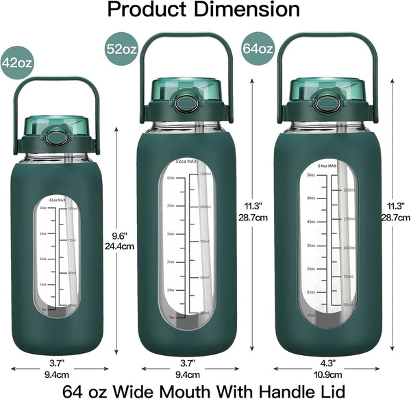 chunmo 64oz Glass Water Bolttles with Straw Half Gallon Large Motivational Water Bottle with Time Marker Sports Water Bottles with Silicone Sleeve