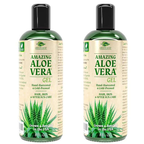 Amazing Aloe Vera Gel - Freshly Cut, 100% Pure Aloe, Premium Quality, Vegan, Unscented - Natural Sunburn Relief, after Shave, Skin, Face & Hair Care (Two 8Oz Bottles) 16Oz