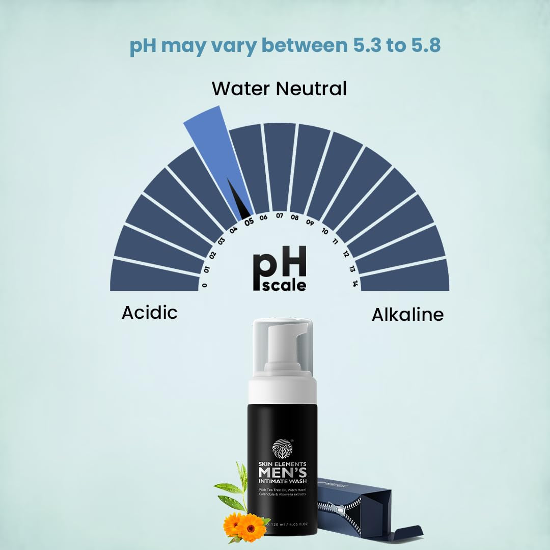 Skin Elements Intimate Wash for Men | Ph Balanced Foaming Wash with Tea Tree Oil & Aloe Vera | Soothes, Refreshes & Maintains Hygiene | 4.05 Fl. Oz. |