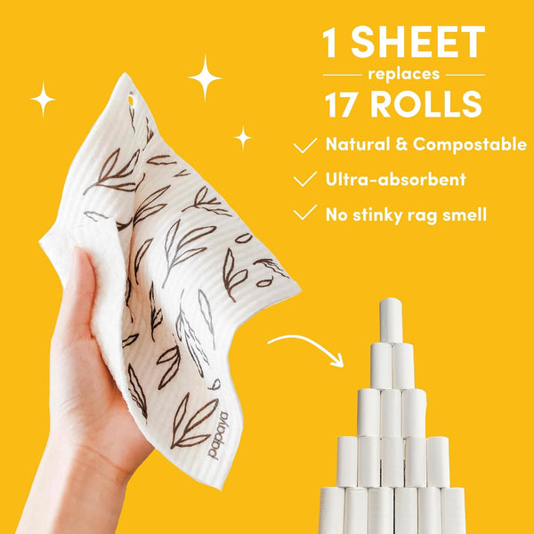 Papaya Reusable Paper Towels 4-Pack - 4 Sheets + 2 Hooks, Quick Drying, No Odor, 1 Sheet Replaces 17 Rolls, Washable Kitchen Cloth, Sustainable