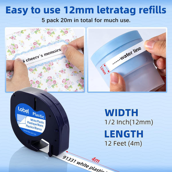 Compatible with Dymo LetraTag Label Maker Refills 91331 Plastic White Tape 12mm x 4m (1/2" x 13'), for Labeler Letra Tag 200B, LT 100T 100H Plus,