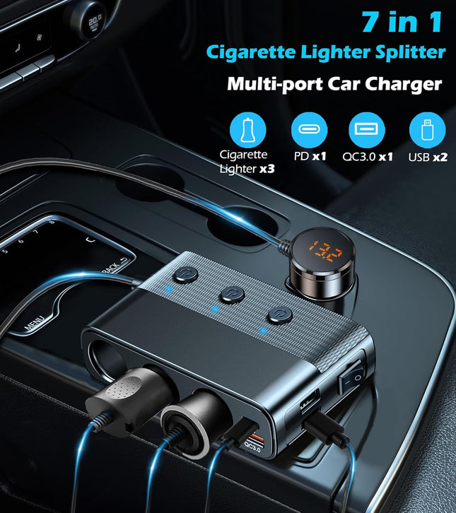 7 in 1 Cigarette Lighter Splitter, LIHAN 3 Socket Car Charger Adapter, Type-C QC3.0 PD 30W Charging, Dual USB Charging P