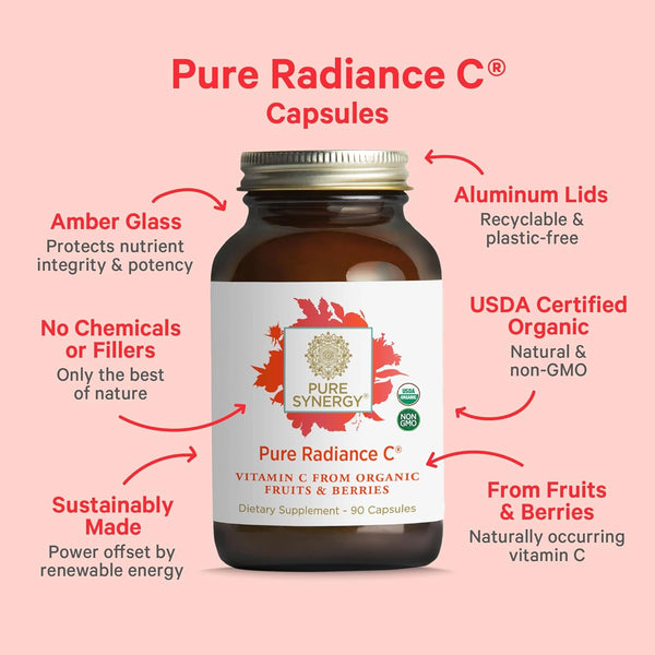 PURE SYNERGY Pure Radiance C | Organic Vitamin C Capsules | 100% Natural, Whole Food, Non-Gmo Supplement with Camu Camu Extract | for Immune and