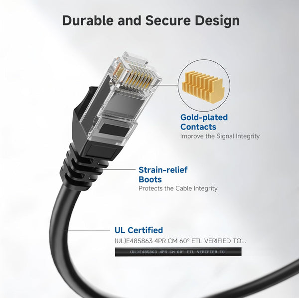 Cable Matters 10Gbps 10-Pack Snagless Cat 6 Ethernet Cable, 10ft, Black | 24 AWG Bare Copper, Gold-Plated RJ45, PoE++, 550MHz Bandwidth, Cat6