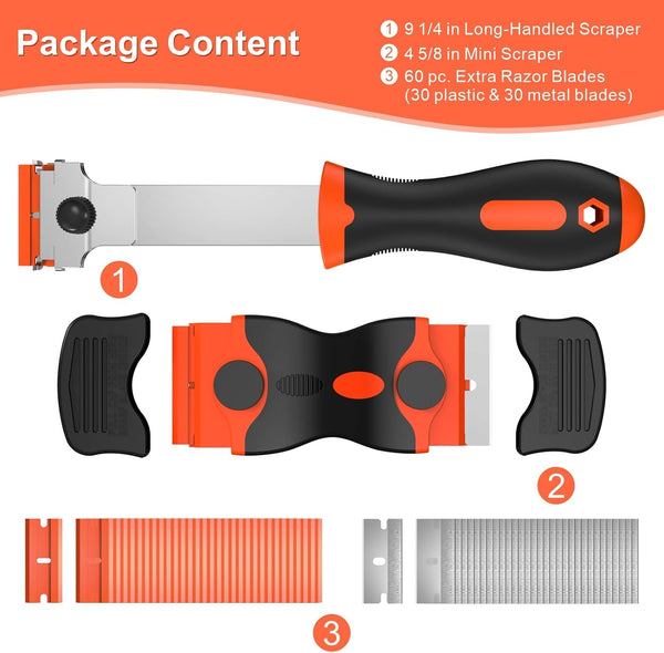 Ywmoml 3 Pack Razor Blade Scraper Set, Includes 30 Plastic & 30 Metal Blades, Multi-Purpose Tool for Glass, Cooktop, Sticker Removal, Paint & Gum