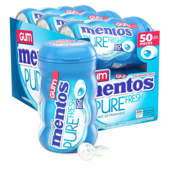 Mentos Pure Fresh Sugar-Free Chewing Gum, Fresh Mint, 50 Count (6 Pack) | Contains Xylitol, Perfect for Long Lasting Fresh Breath at School, Work