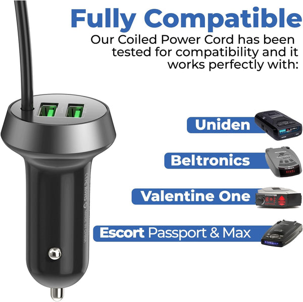 Radar Detector Power Cord with Dual USB Charger Ports - Replacement Power Adapter Compatible with Valentine One, Escort, Passport, Uniden