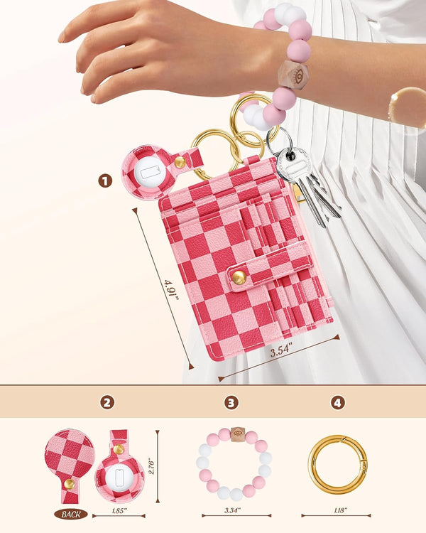 Wallet Keychain Wristlet for Women with Airtag Holder - Cute Design Credit Card Holder Wallets Key Chain Ring Slim Small RFID Air Tag Coin Pocket
