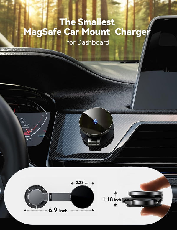 JOYROOM All-Metal MagSafe Car Mount Charger, 15W Mini Magsafe Car Charger for Dashboard, Wireless Car Charger for iPhone 17 Pro Max Plus/iPhone 16