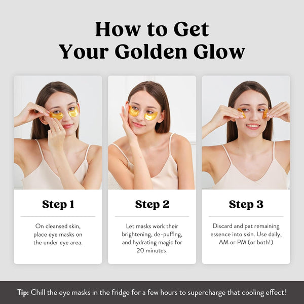 DERMORA Golden Glow under Eye Patches (15 Pairs Eye Gels) - Rejuvenating Treatment for Dark Circles, Puffy Eyes, Refreshing, Revitalizing, Travel,