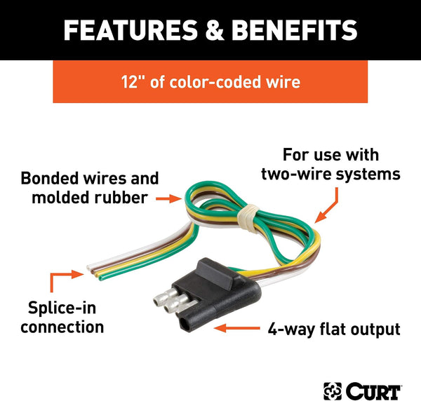 CURT 58030 Trailer-Side 4-Pin Flat Wiring Harness with 12-Inch Wires Pack of 1 Single