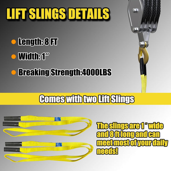 Block and Tackle 4400LBS Breaking Strength Heavy Duty Pulley Hoist, 65 Ft Rope, 7:1 Lifting Power, 2 Pcs 8 Ft Lift Sling (Black)