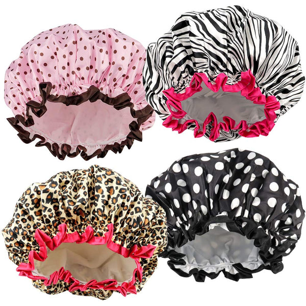 4 Pcs Shower Cap for Women Double Waterproof Layers Reusable Elastic 4 Count (Pack of 1)