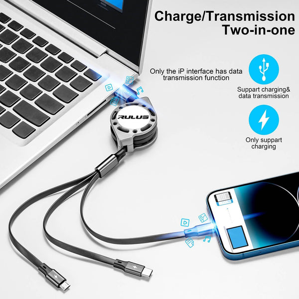 RULUS Retractable Charger 3 in 1 [2Pack,4Ft], Retractable Charging Cable Universal Charger Cable with Lightning/Type C/Micro USB for