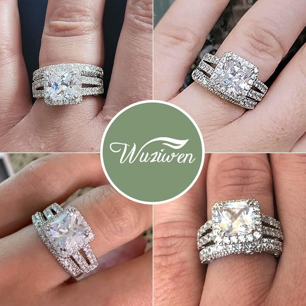 Wuziwen Wedding Ring Sets Princess Cut Engagement Rings for Women Sterling Silver Cubic Zirconia Moissanite Women's Bridal Ring Band Set