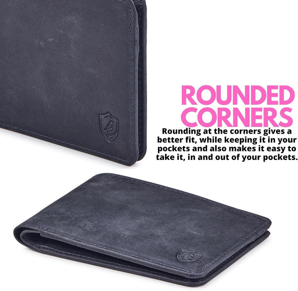 Wallet for Men Bifold Real Leather RFID Blocking Front Pocket Ultra Slim & Thin Stylish Minimalist with ID Window in Gift Box (Crazy Horse, Navy)