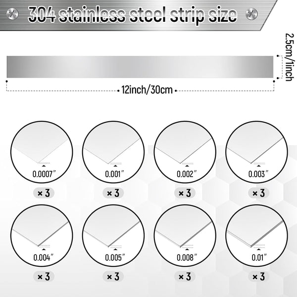 Blulu 24 Pcs 304 Stainless Steel Strips Metal Shim Stock Assortment 1" Width x 12" Length 8 Thickness Sizes Thin Metal Shims for Kitchen Trim Gap