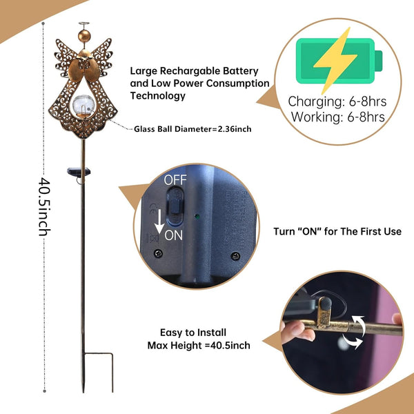 Starryfill Angel Stake Solar Lights with Crackle Glass Globe Waterproof Warm White LED, 40.5 inches Height Metal Bronze Stake Garden Patio Art