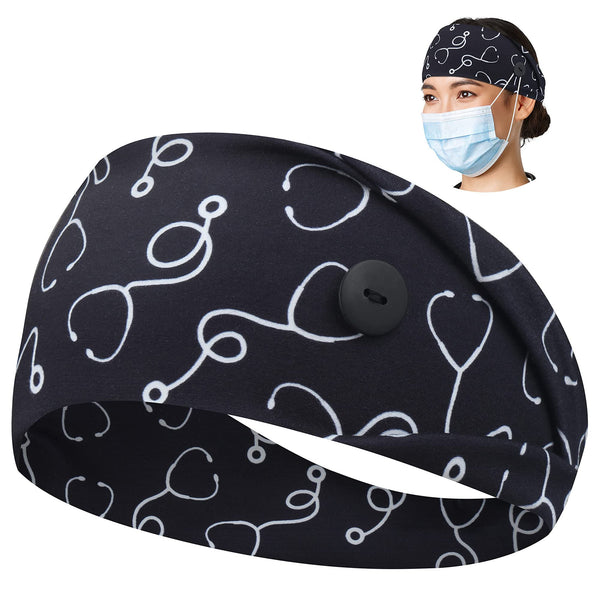 ABAMERICA Headbands with Button for Mask, Wide Nurses Headbands Non Slip Elastic Ear Protection for Women Men Doctors Sweatband Headband A-74