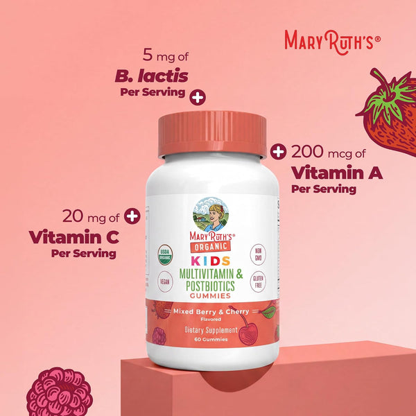 Maryruth Organics Kids Vitamins | USDA Organic | Multivitamin Gummies + Postbiotics for Ages 4+ | Lactobacillus Rhamnosus | Vegan | Non-Gmo | 60 Count