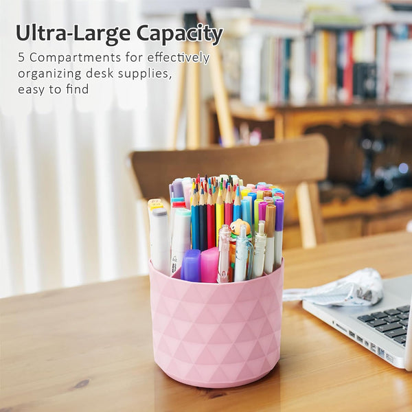 Desk Organizer, 360-Degree Rotating Pencil Pen Holders For Desk, Diamond Pattern Pen Organizer With 5 Compartments, Cute Desk Accessories Decor