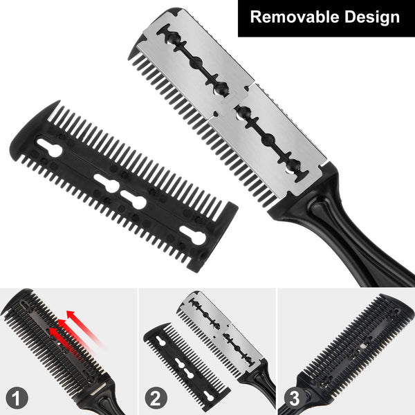Maitys 3 Pcs Haircut Razor Comb Hair Cutting Comb with 12 Replacement Blades Double Edge Shaper for Salon & Home Styling Split Ends Trimmer Styler