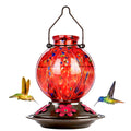 BOLITE Glass Hummingbird Feeders for Outdoors Hanging, Hand Blown, Red | With Ant-Moat, 20oz, 5 Bee-Proof Ports, 360° Perch, Leak-Proof, Meshy