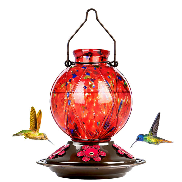 BOLITE Glass Hummingbird Feeders for Outdoors Hanging, Hand Blown, Red | With Ant-Moat, 20oz, 5 Bee-Proof Ports, 360° Perch, Leak-Proof, Meshy
