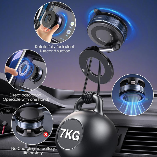 360° Rotatable Vacuum Magnetic Phone Holder, Foldable and Retractable Suction Cup Car Phone Mount for Car/Gym/Mirror/Smooth Surface, Compatible