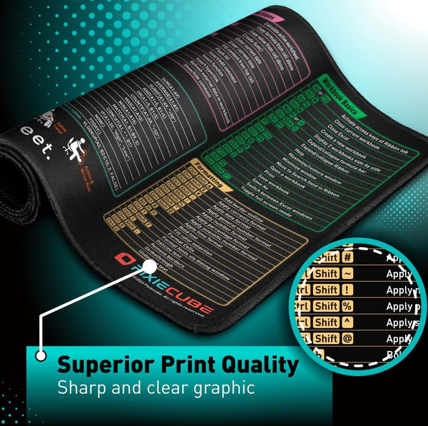 Pixiecube Excel Cheat Sheet Desk Pad | Excel Shortcut Keys Mouse Pad | Extended Large XL Gaming Mousepad | PC Office Spreadsheet Keyboard Mat |