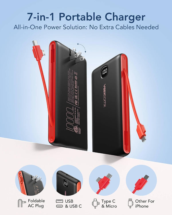 VEEKTOMX Portable Charger with Built in Cables 10000Mah, Power Bank for Iphone with AC Wall Plug, Fast Charging USB C Slim Battery Pack with LED