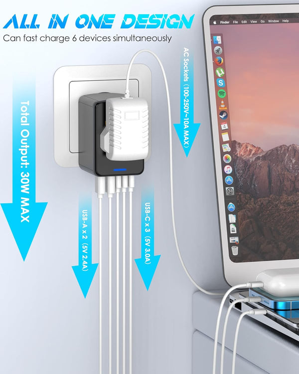 Universal Travel Adapter, 6.0A 30W 5 USB C/A Ports + 2500W AC Outlets, International Power Adapter for All USB Devices, Multi Plugs 110V 220V A/C,