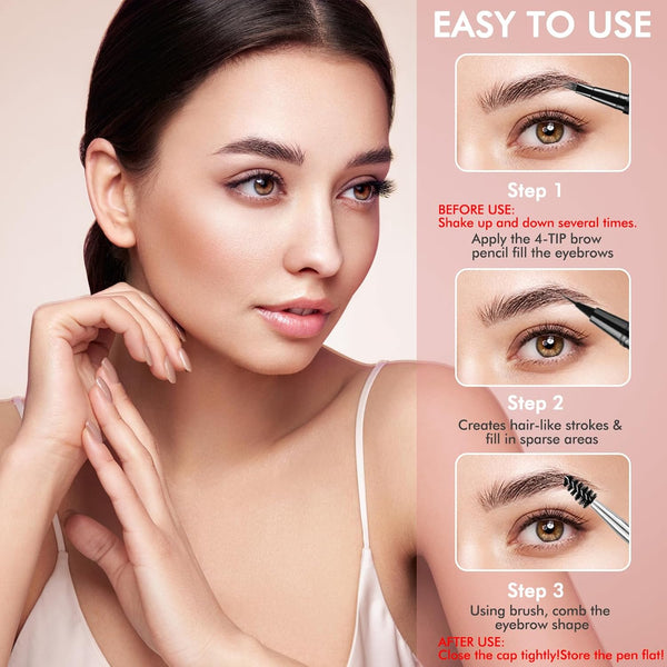 Eyebrow Pencil, 2-in-1 Waterproof Eyebrow Pen with 4 Tip Brow Pen and Ultra-Precise Brow Pencil, with Dual-ended Eyebrow Brush, Eyebrow Makeup for