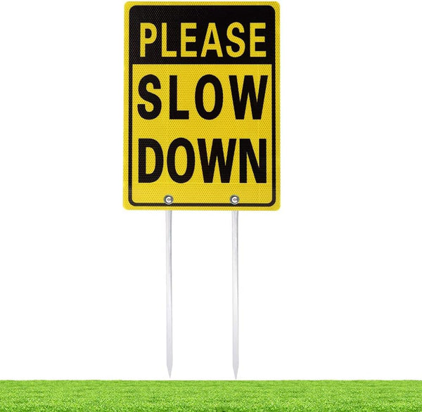 Kichwit Double Sided Aluminum Please Slow down Sign Reflective Metal Sign with Stakes, Sign Measures 11.8" X 15.8", 14" Long Metal Stakes Included