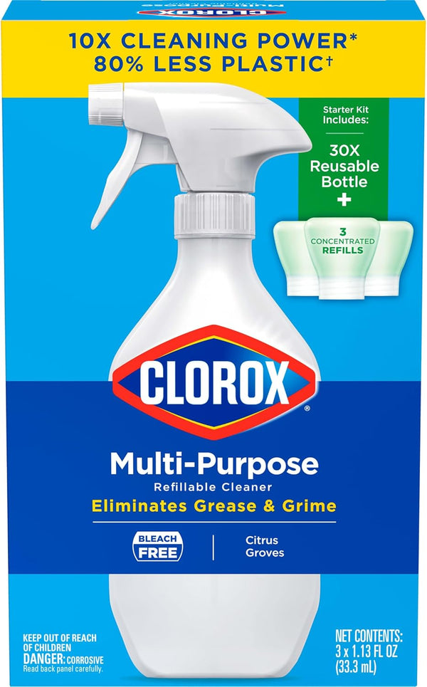 Clorox Multi-Purpose Spray Starter Kit 3X1.125Fo, Household Essentials, Concentrated Refill + 20Fo Spray Bottle