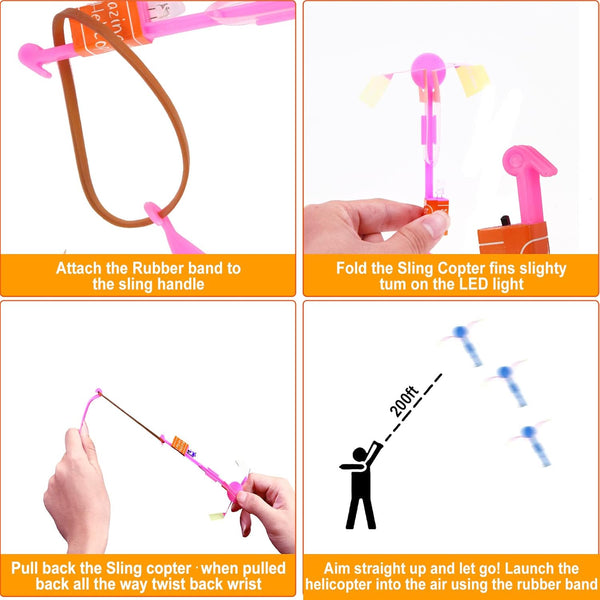 lpvoqpth 25 Sets LED Flying Set, 25 Slingshot+25 Glow Helicopter-50 Pcs, Flying Toy Outdoor Toys Glow in the Dark Party Supplies Party Favors for